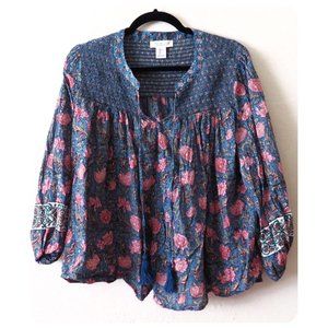 Rachel Zoe Blue & Pink Floral Long Sleeve Boho Top
